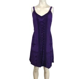Sakkas Purple Boho Lace Up Embroidered Smocked Back Midi Dress Womens S/M